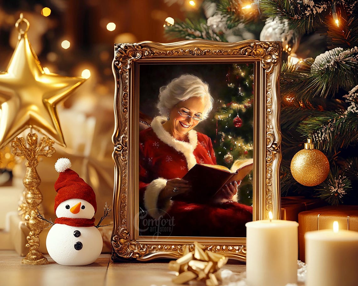 Mrs Claus Smiling Over Her Book by the Christmas Tree Wall Art - Image 7