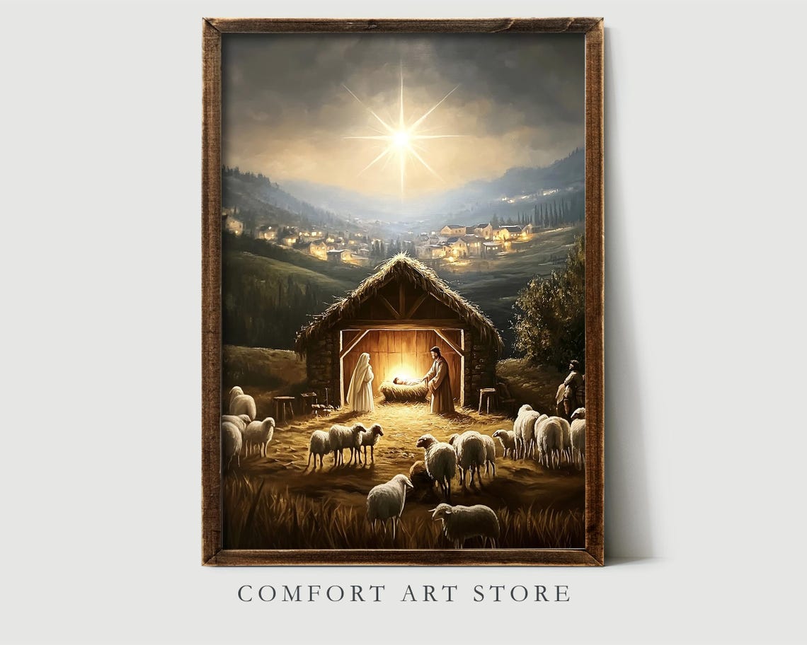 Nativity Scene with Shepherds Sheep and Bethlehem Star Poster - Image 2