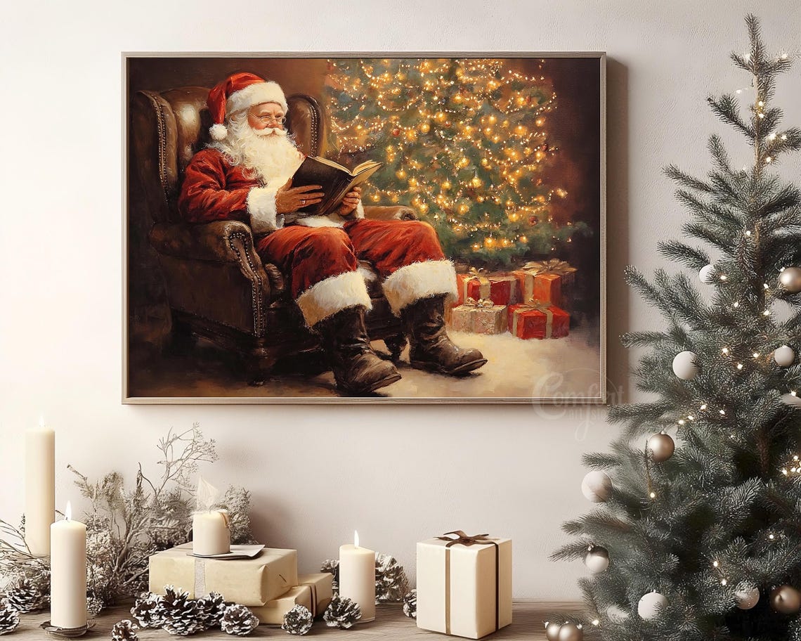 Jolly Santa Claus Reading a Book Beside Lit Christmas Tree Poster - Image 8
