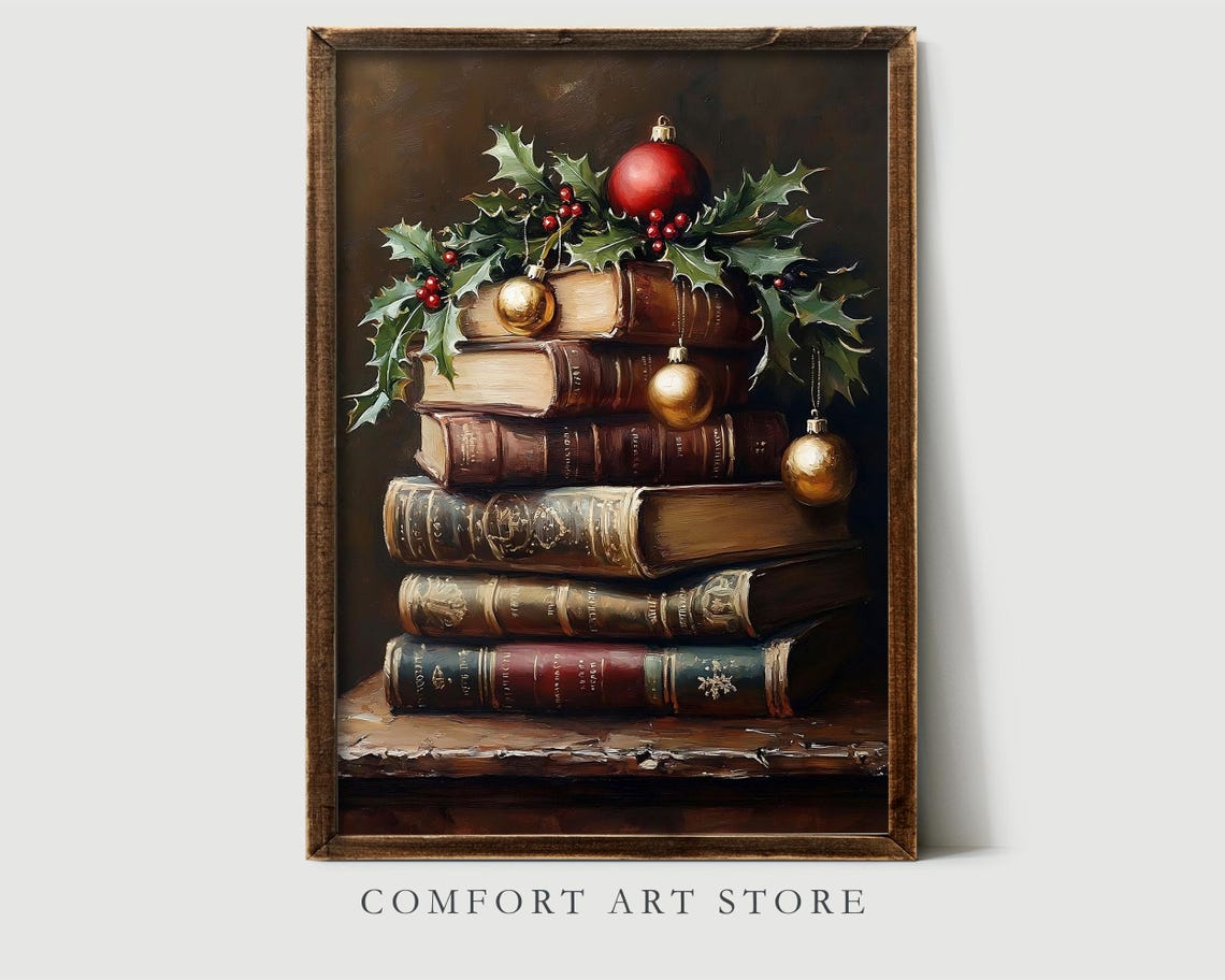 Antique Book Stack With Holly Berries and Christmas Baubles Poster - Image 7