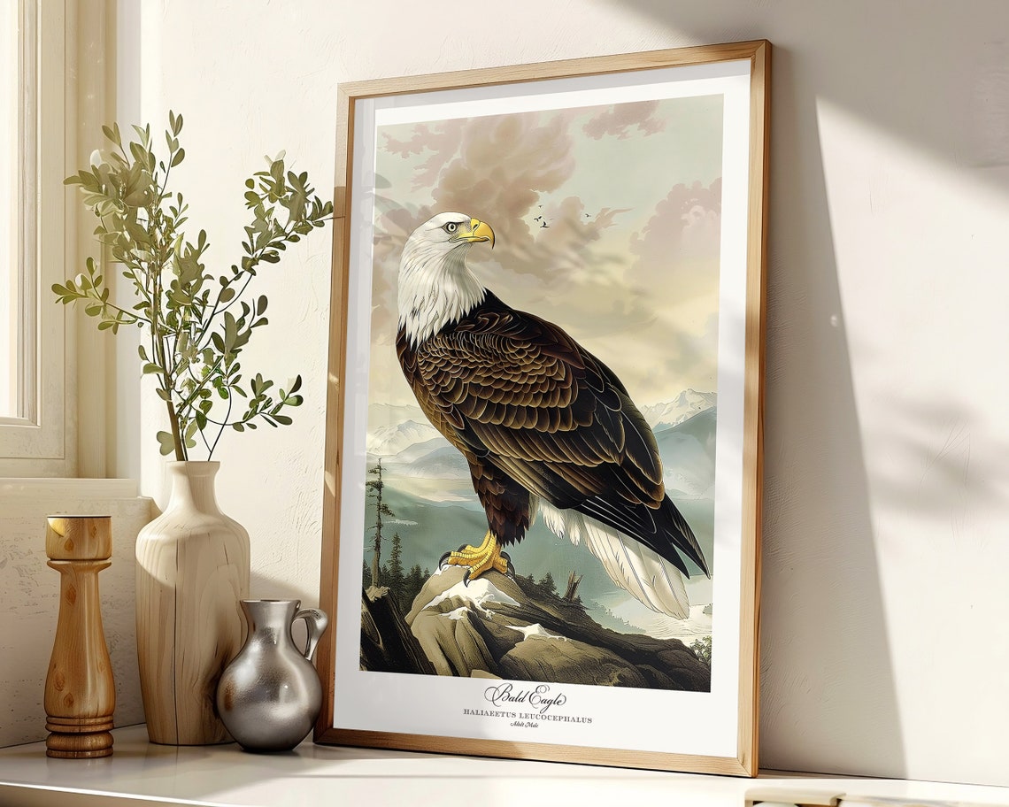 Bald Eagle Audubon Style Vintage Mountain Lake Perched Raptor Poster - Image 7