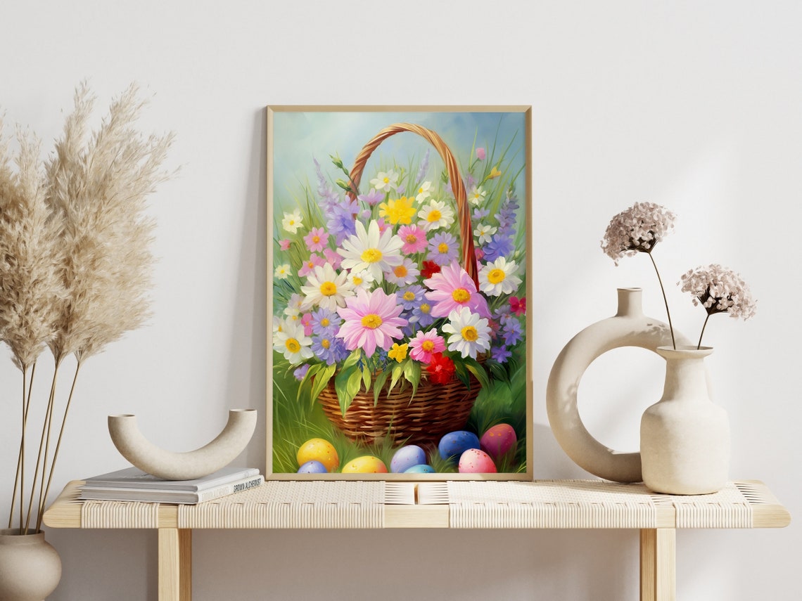 Wildflower Basket with Painted Easter Eggs in Meadow Wall Art - Image 4