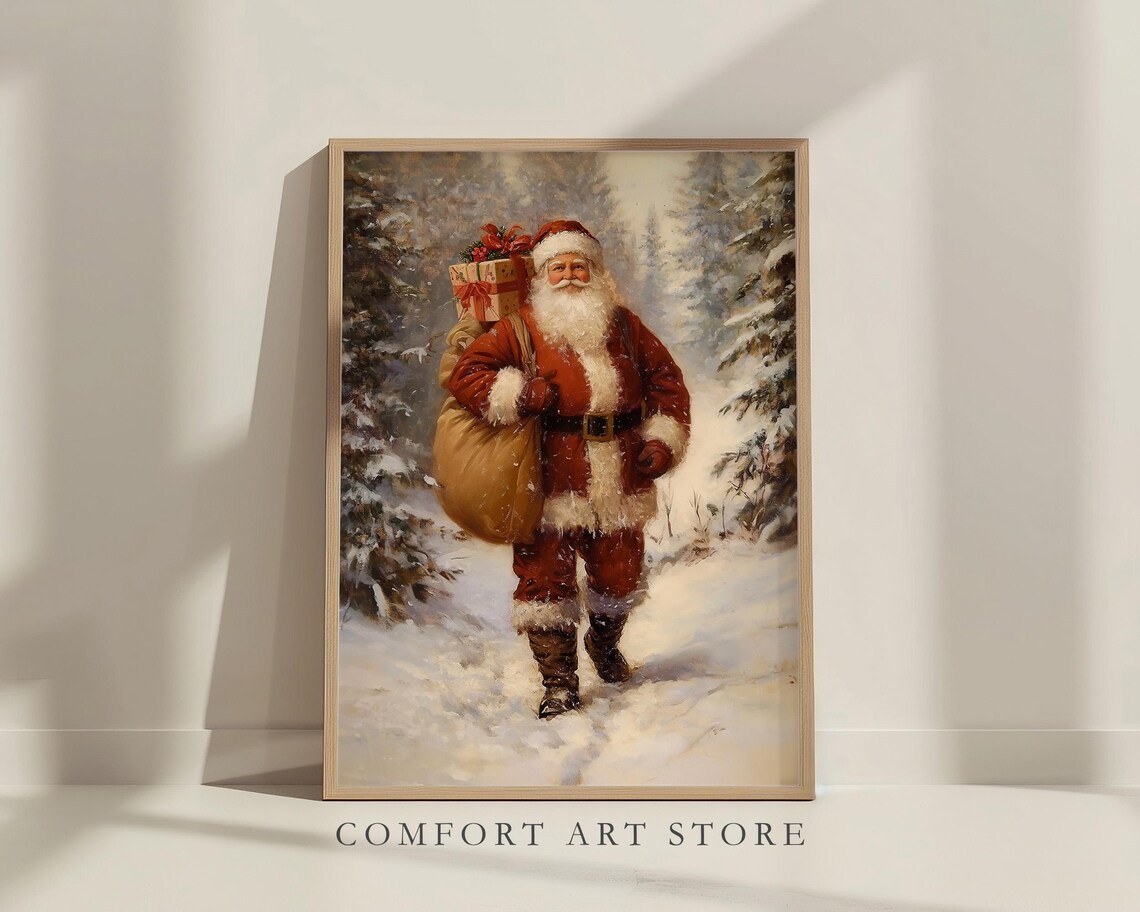 Santa Claus Carrying a Sack of Gifts Through Snowy Woods Poster - Image 6