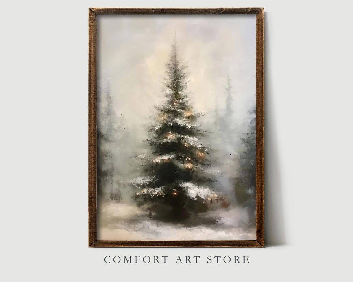 Misty Evergreen Tree Warm Lights Dreamy Snowy Forest Painting Poster - Image 8