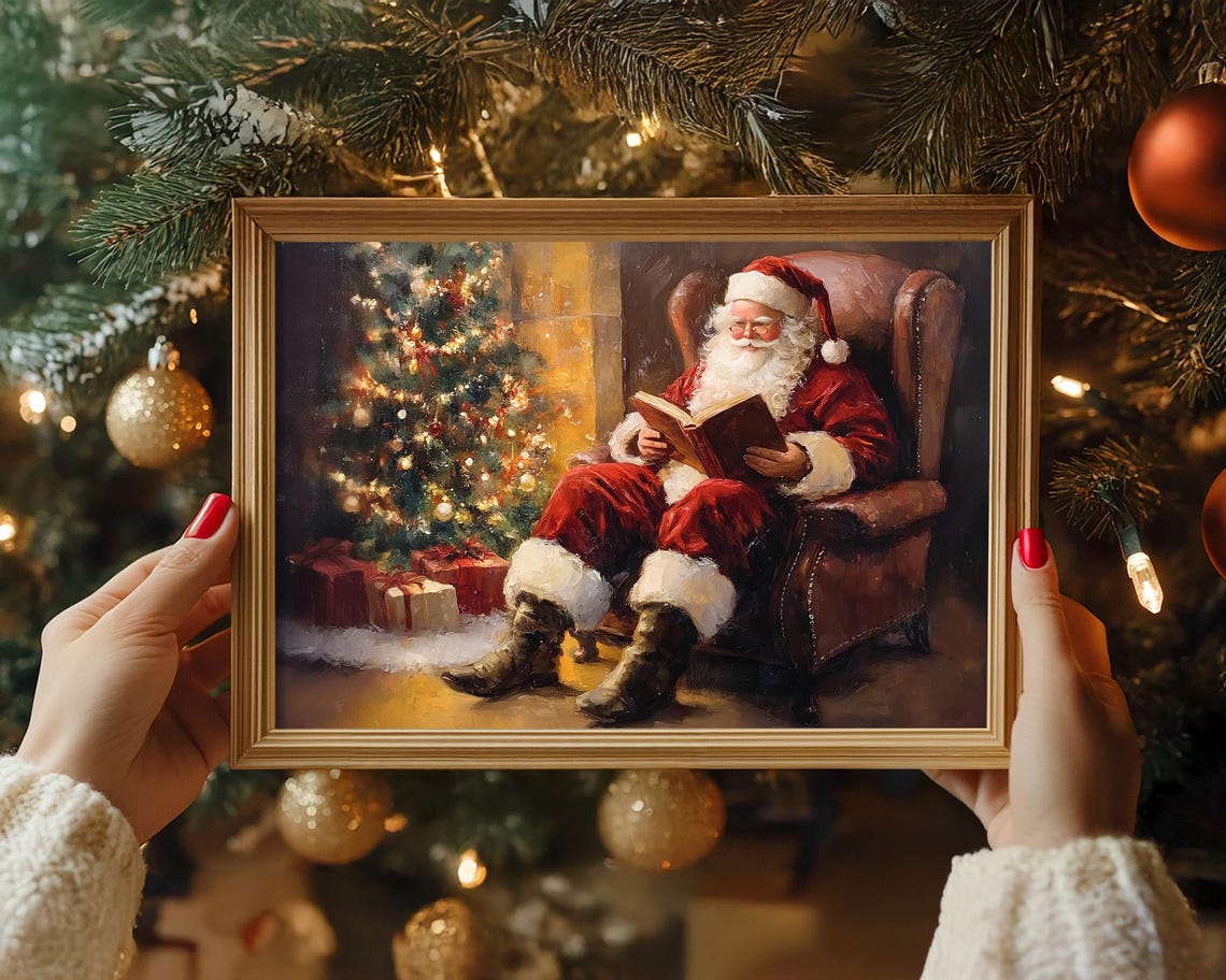 Vintage Santa Claus Reading in Armchair by Christmas Tree Poster - Image 3