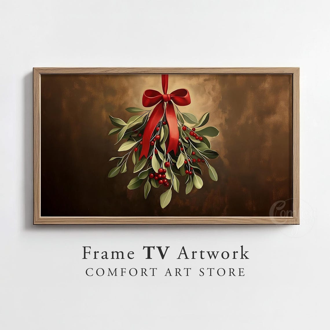 Hanging Mistletoe With Red Berries and Red Ribbon Bow Poster