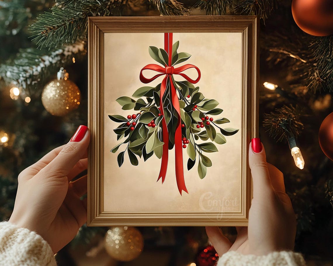 Christmas Mistletoe Sprig with Long Red Ribbon Holiday Print - Image 2