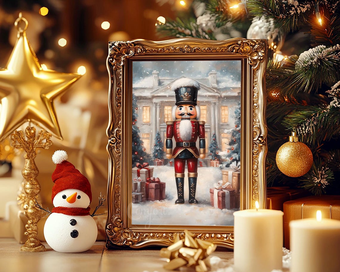 Classic Red Nutcracker Soldier in Snowy Mansion Holiday Scene Poster - Image 6