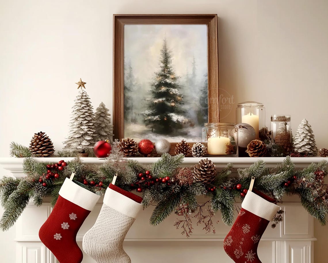 Misty Evergreen Tree Warm Lights Dreamy Snowy Forest Painting Poster - Image 2