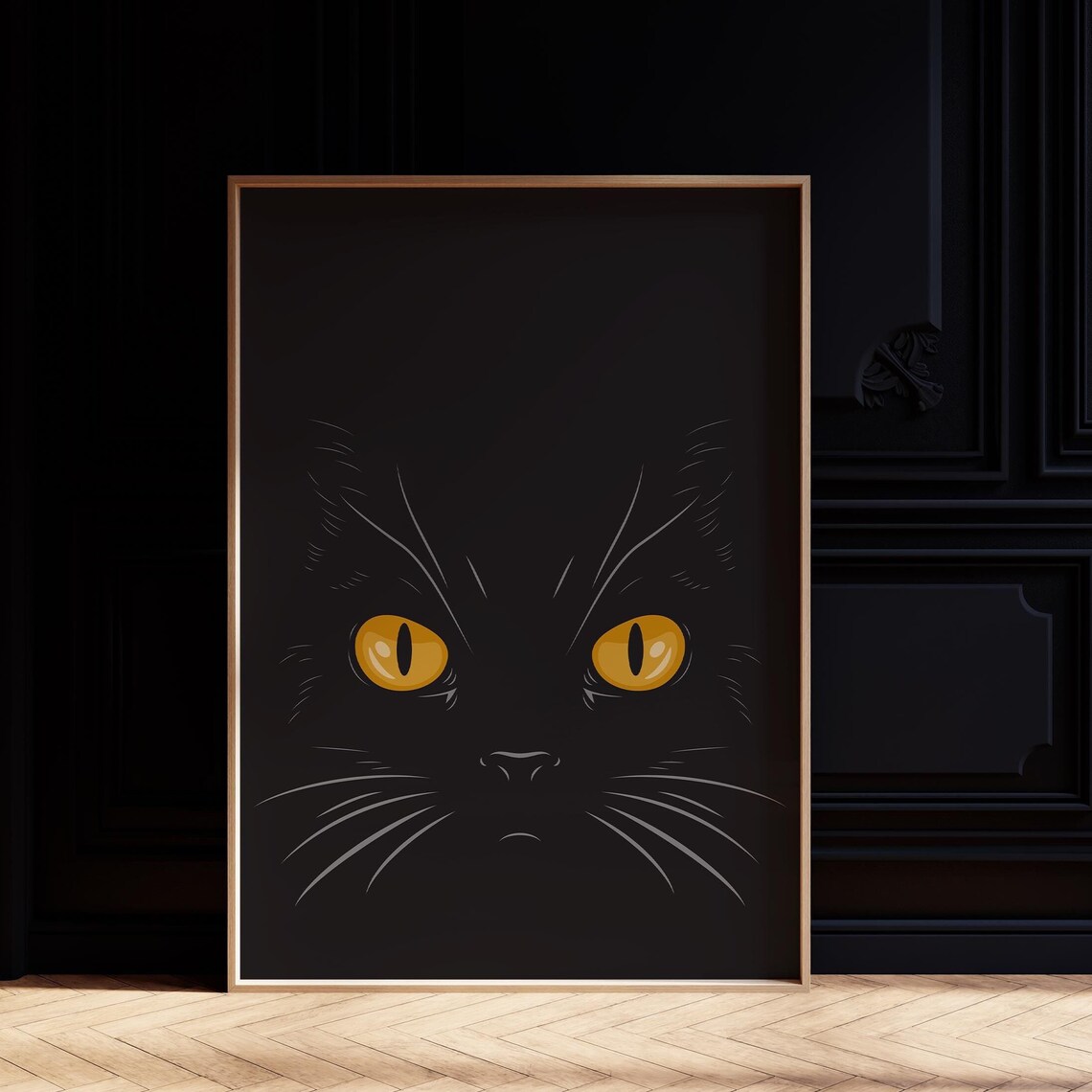 Black Cat Golden Eyes Dark Minimalist Halloween Wall Art Poster