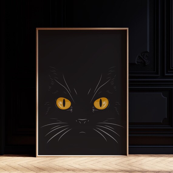 Black Cat Golden Eyes Dark Minimalist Halloween Wall Art Poster