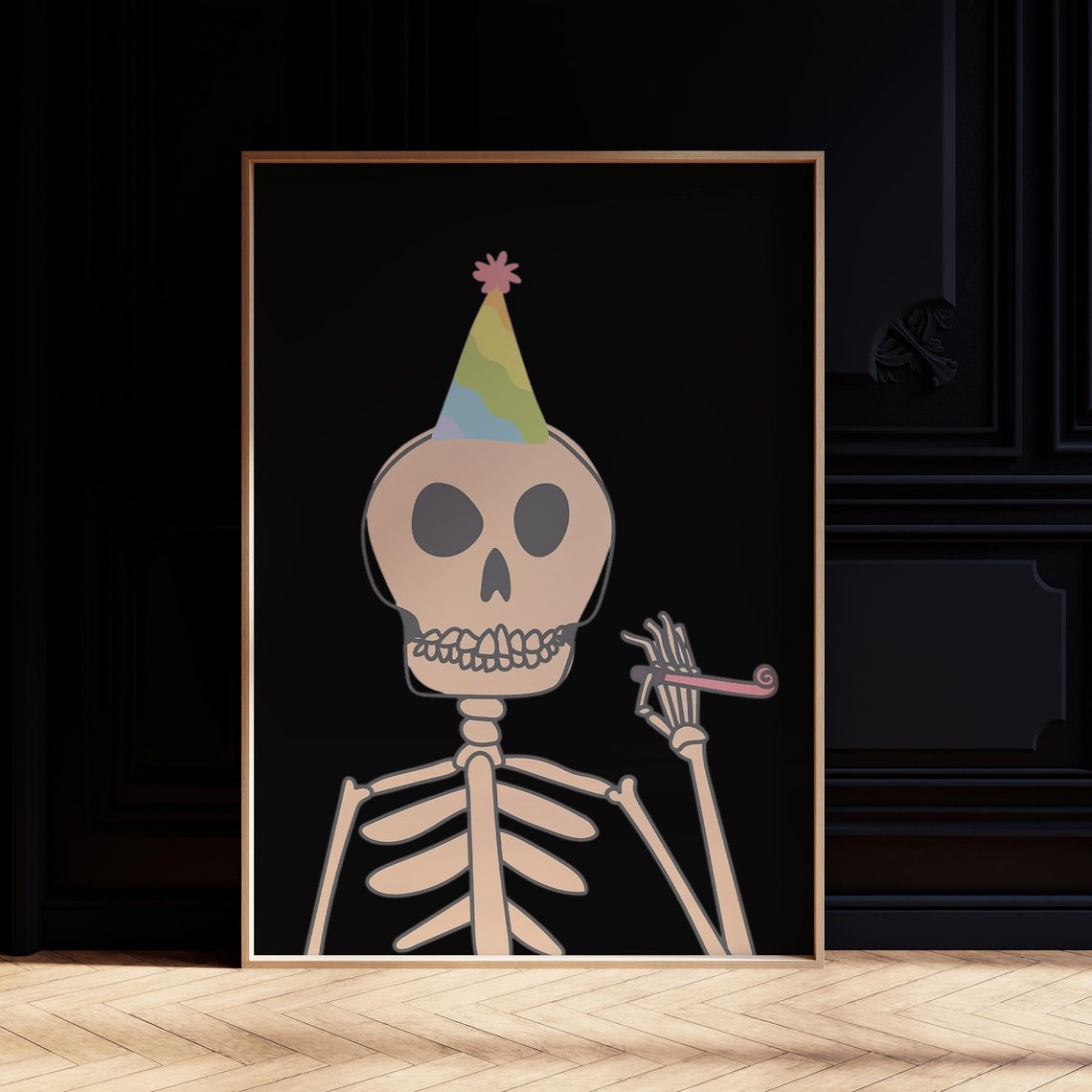 Birthday Skeleton Party Hat Black Cute Fun Halloween Wall Poster