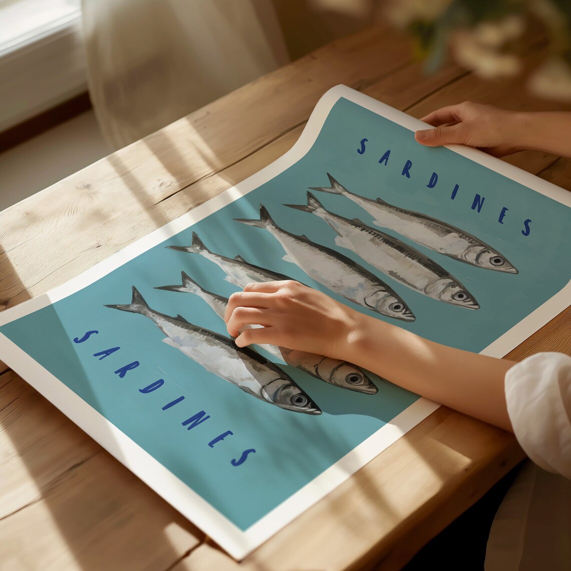 Sardines Typography Row of Six Fish on Teal Coastal Kitchen Poster - Image 2