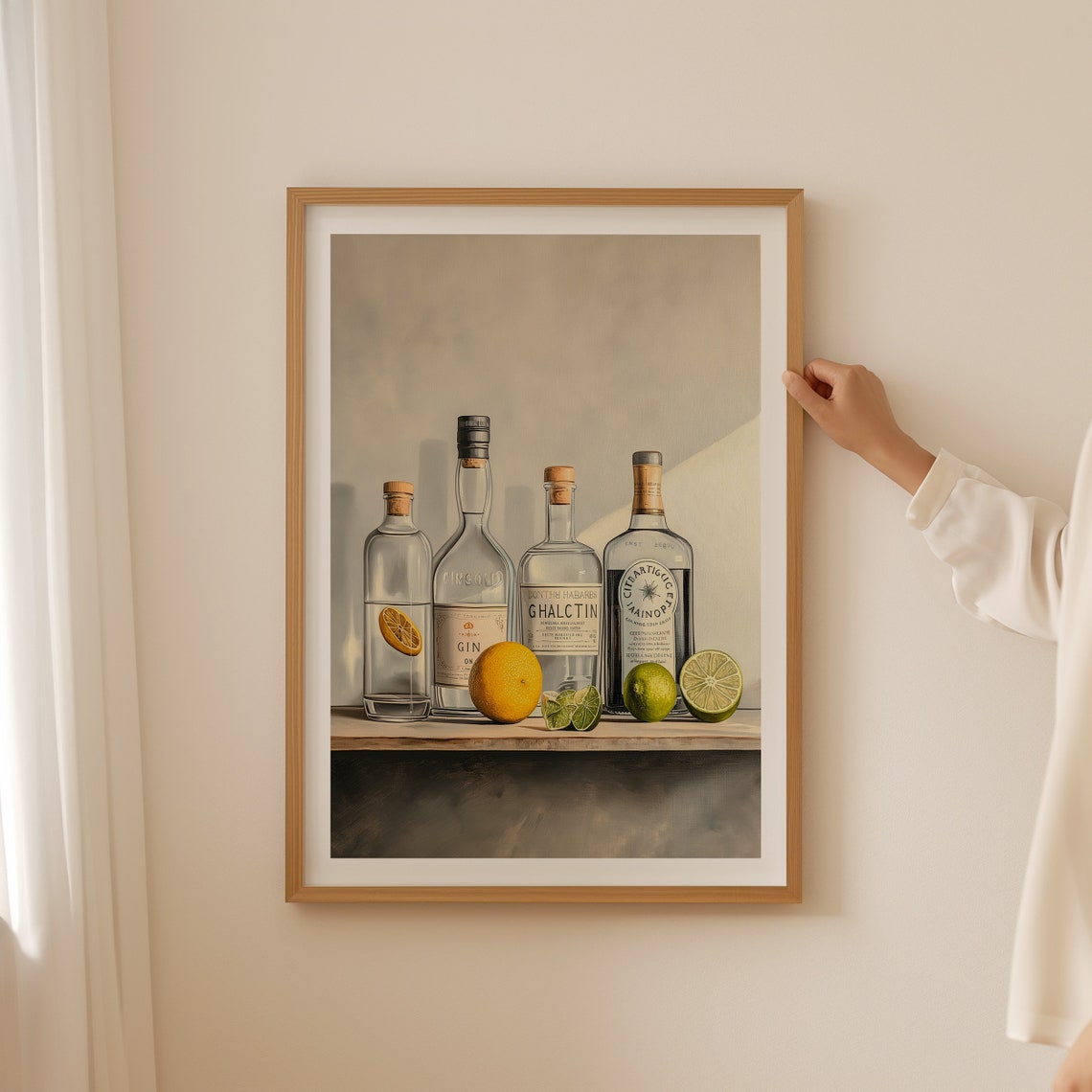 Gin Bottle Collection with Citrus Fruit on a Wooden Bar Shelf Poster - Image 3