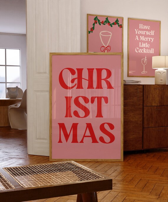 Red Christmas Typography Poster Bold Retro Serif On Pink Background