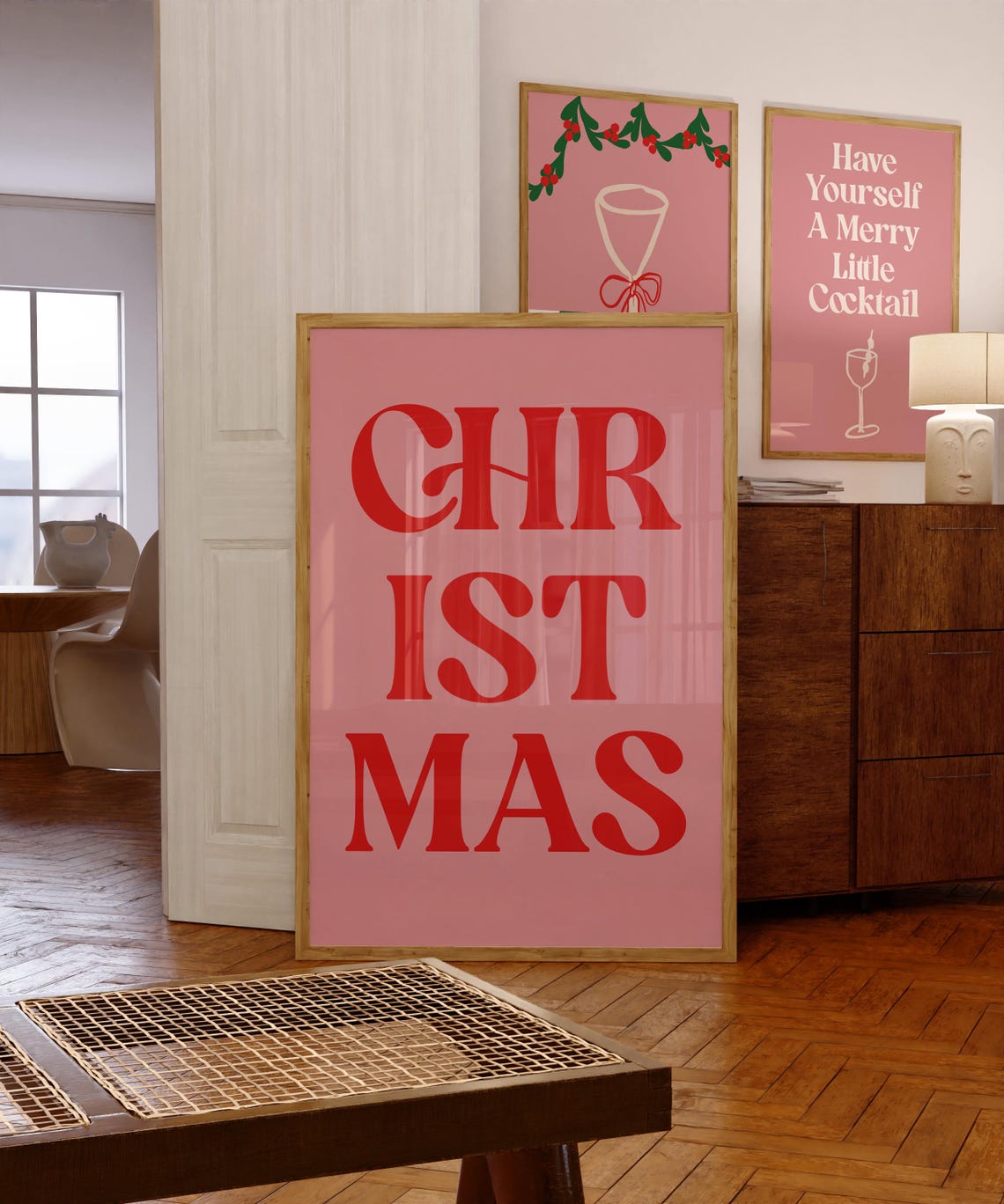 Red Christmas Typography Poster Bold Retro Serif On Pink Background