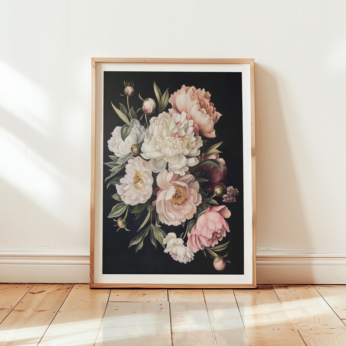 Cascading White Peonies on Black Elegant Dark Floral Still Life Poster