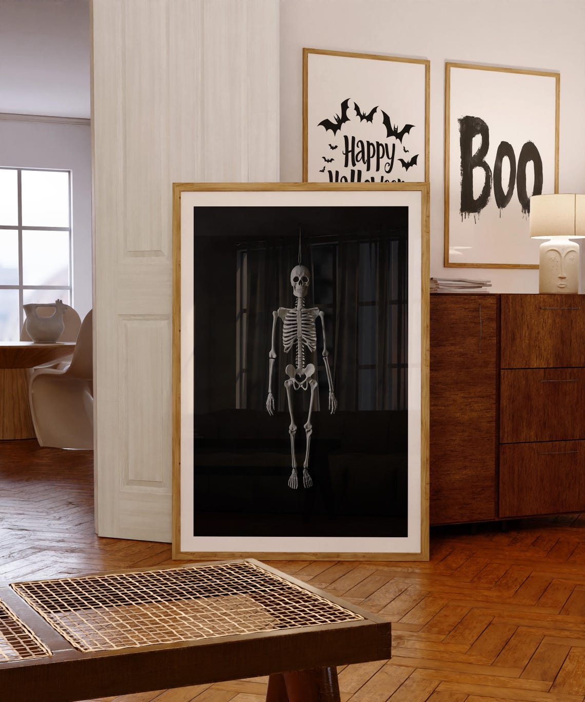 Hanging Skeleton on Black Background Spooky Minimal Halloween Poster