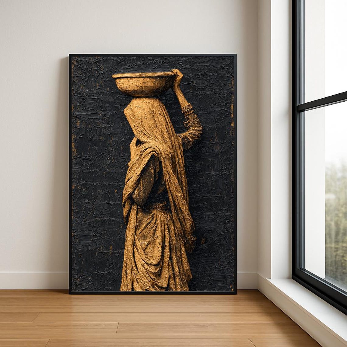 Golden Robed Woman Balancing Basket Textured Black Impasto Poster