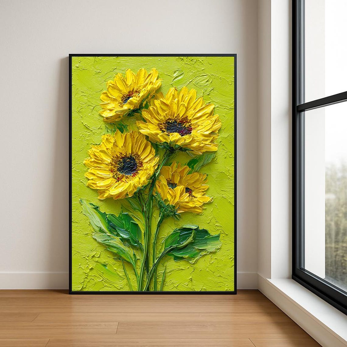 Yellow Sunflowers Lime Green 3D Impasto Textured Oil Painting Poster
