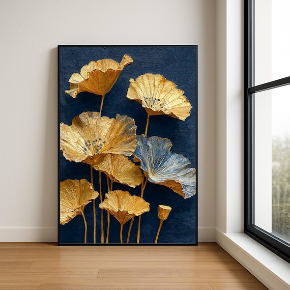 Golden Lotus Flowers Navy Blue Impasto Oil Painting Elegant Poster
