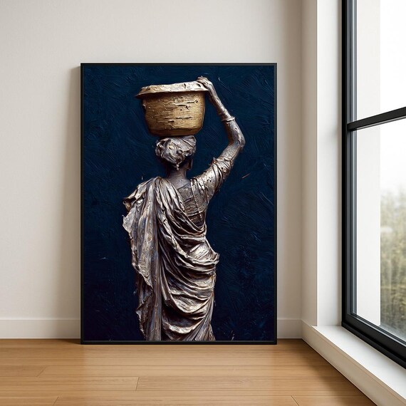 Woman Golden Bowl Midnight Blue Silver Drape Figure Art Poster