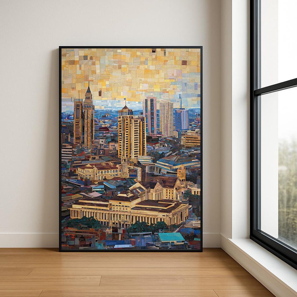 Golden Mosaic City Skyline Modern Towers Sunset Collage Art Poster