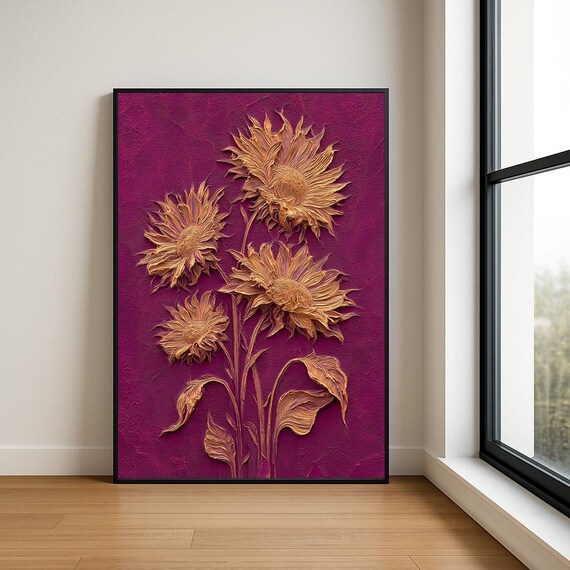 Gold Sunflowers Magenta Background 3D Impasto Oil Painting Poster