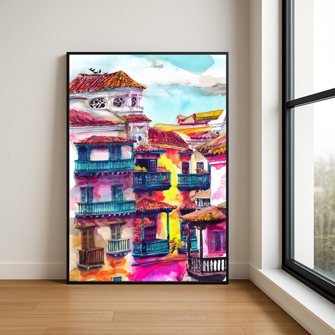 Colorful Colonial Balconies Old Town Vibrant Watercolor Art Poster