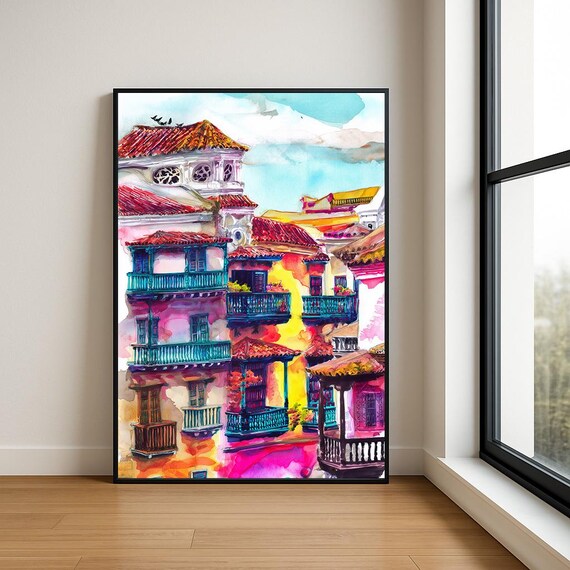 Colorful Colonial Balconies Old Town Vibrant Watercolor Art Poster