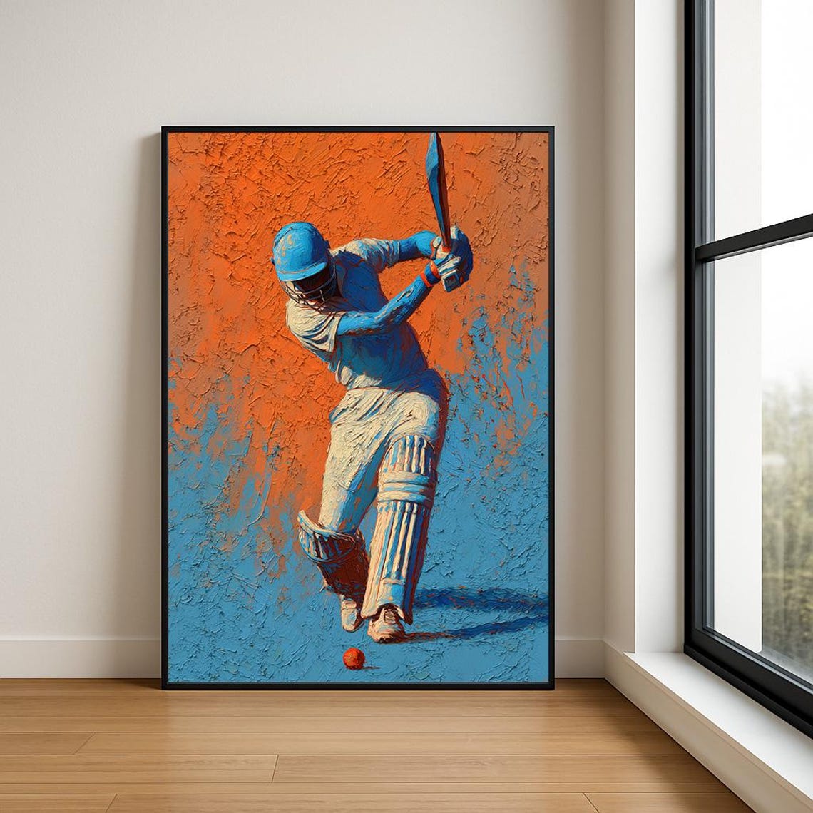 Cricket Batsman Blue Orange Bold Expressive Impasto Art Poster