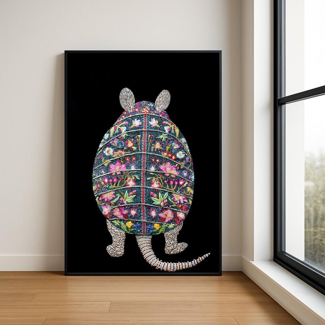Colorful Embroidered Armadillo Floral Folk Art Boho Animal Poster