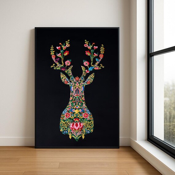 Colourful Embroidered Animal Wall Art Boho Illustration Print Vibrant Textile Style Home Decor