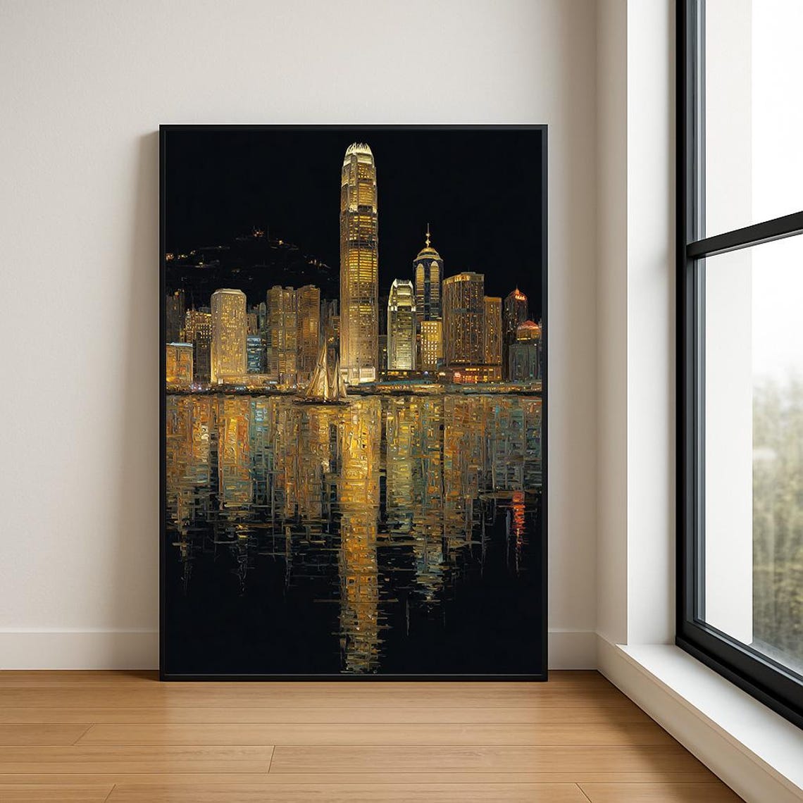 Hong Kong Skyline at Night Golden Harbor Reflections City Poster