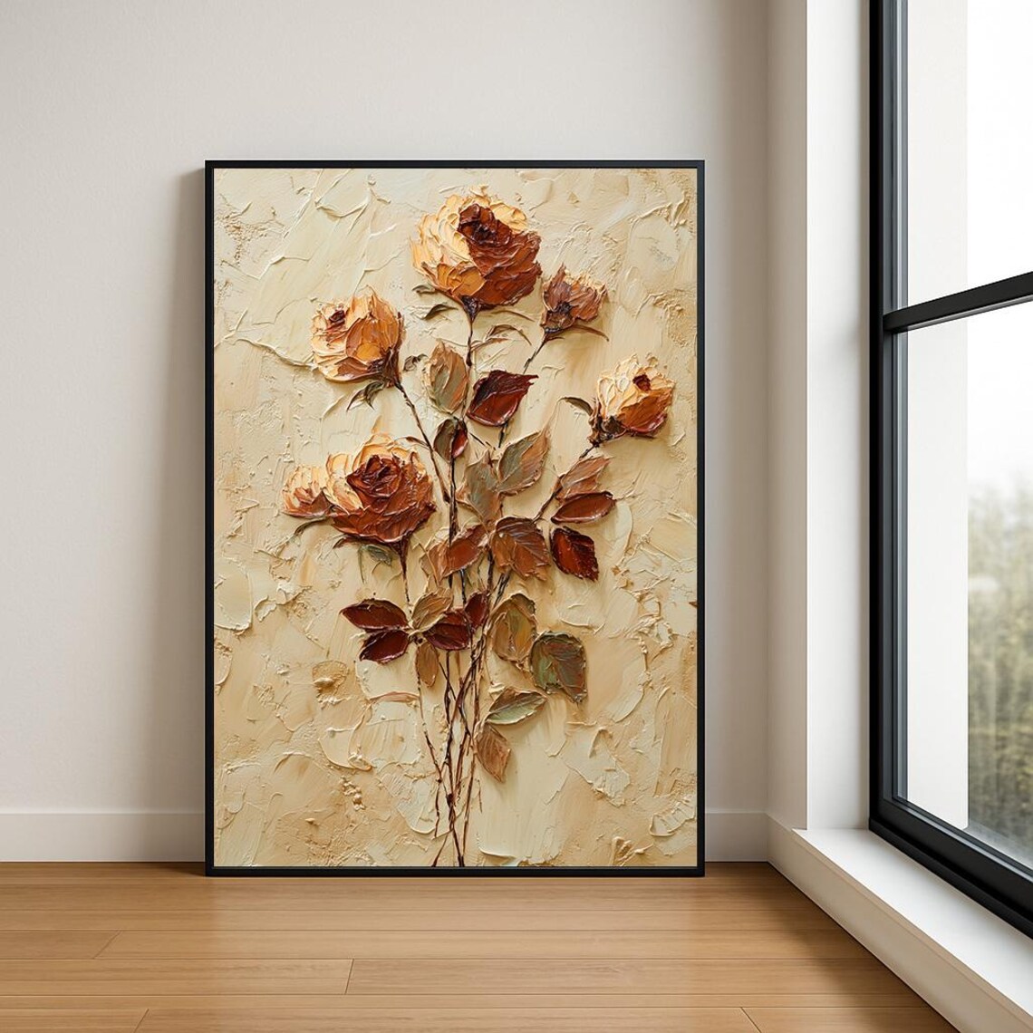 Rustic Burnt Orange Roses on Cream Textured Oil Painting Poster