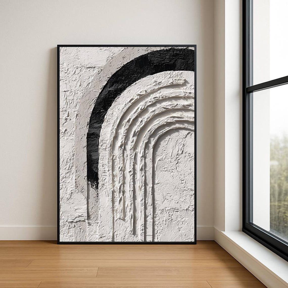 White Ridged Arches Black Band Textured Abstract Modern Wall Art