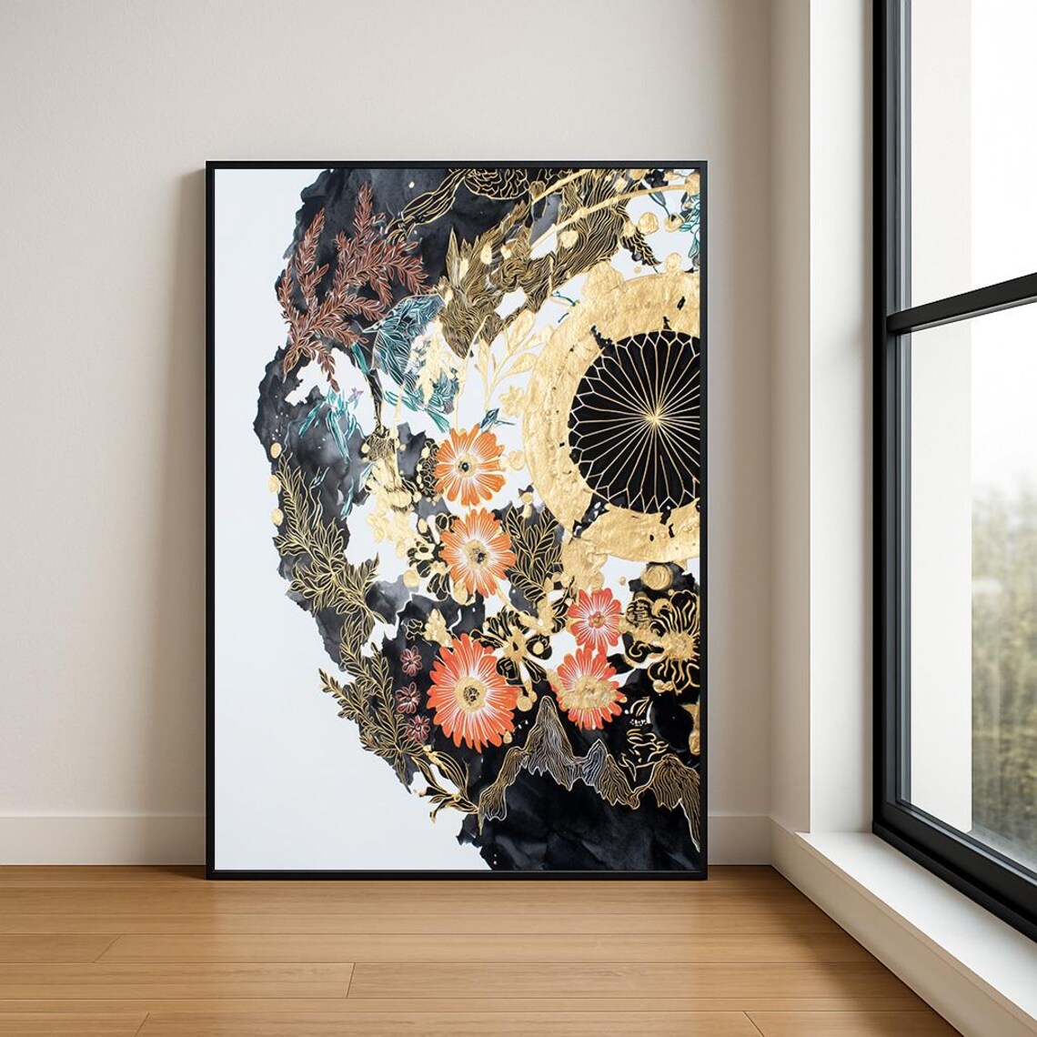 Black Gold Abstract Floral Botanical Ink Watercolor Art Poster