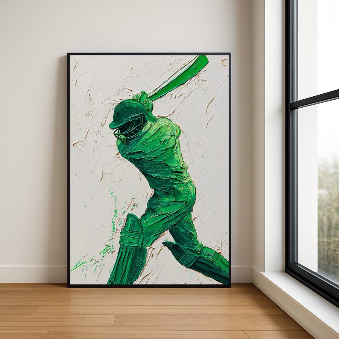 Green Cricket Batsman Mid Swing Impasto Oil Sports Painting Poster