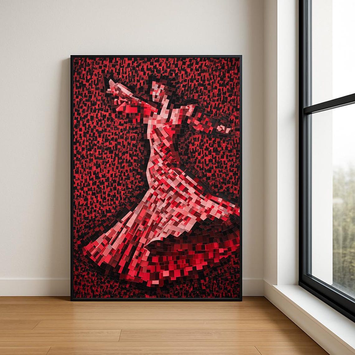 Red Mosaic Flamenco Dancer Spinning on Black Tile Style Art Poster