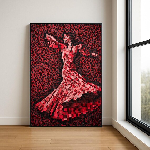 Red Mosaic Flamenco Dancer Spinning on Black Tile Style Art Poster