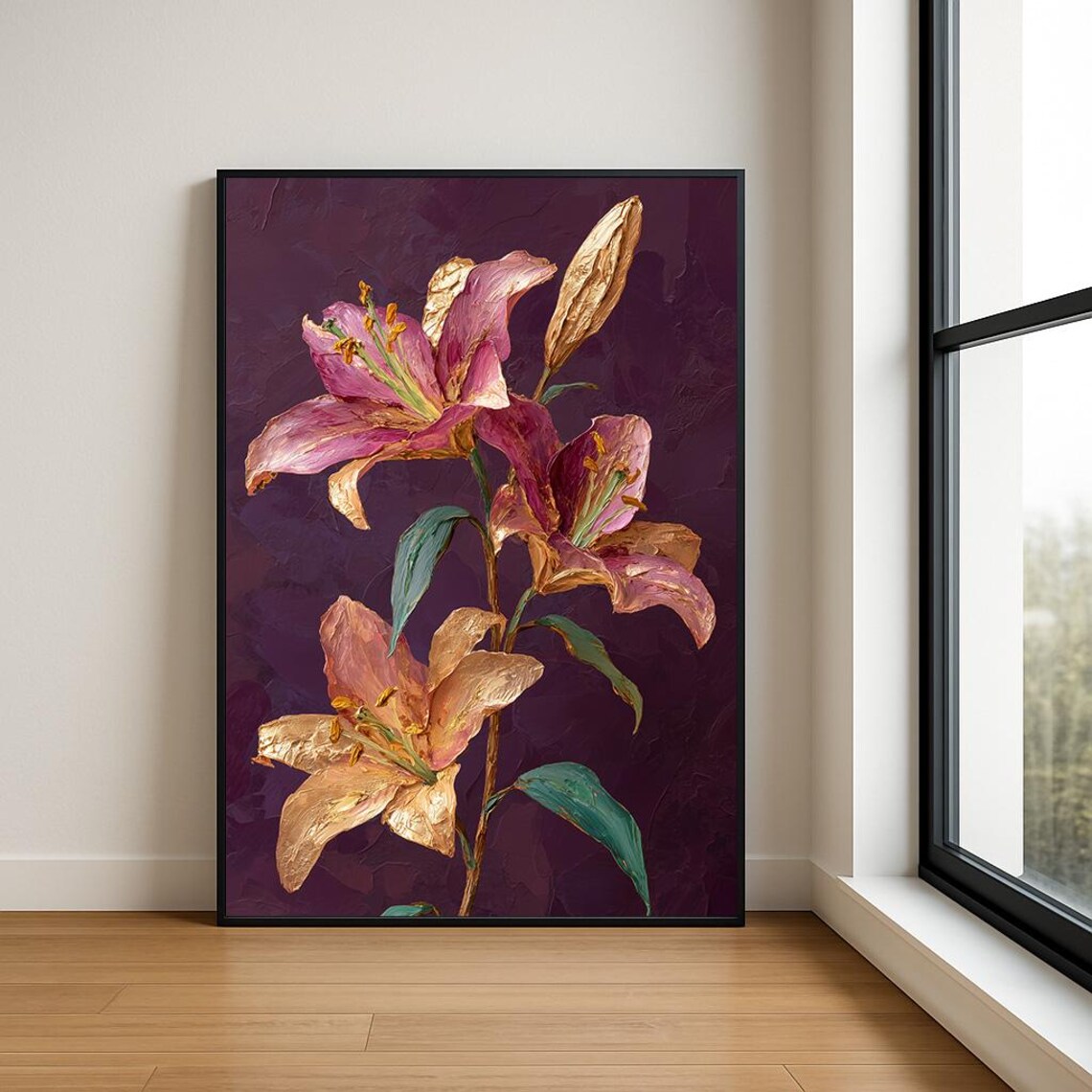 Pink Gold Lilies Textured Impasto Floral Oil Painting Wall Poster