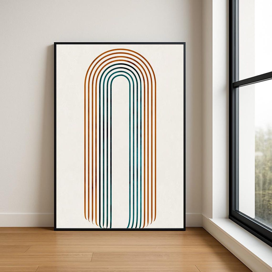 Burnt Orange Teal Double Arch Mid Century Modern Abstract Wall Art