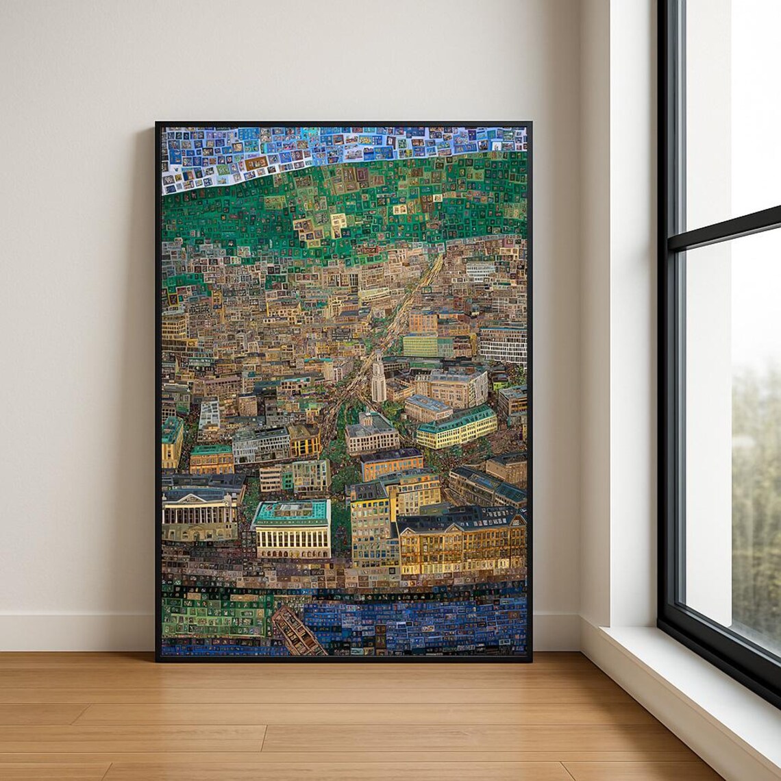 Mosaic Aerial View of Historic Riverside City on Green Hills Poster