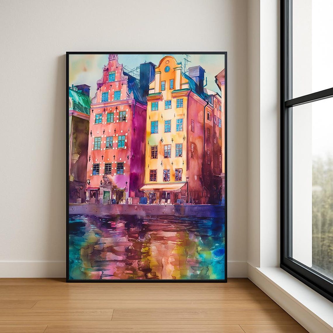 Historic European Waterfront Townhouses Harbor Reflection Poster