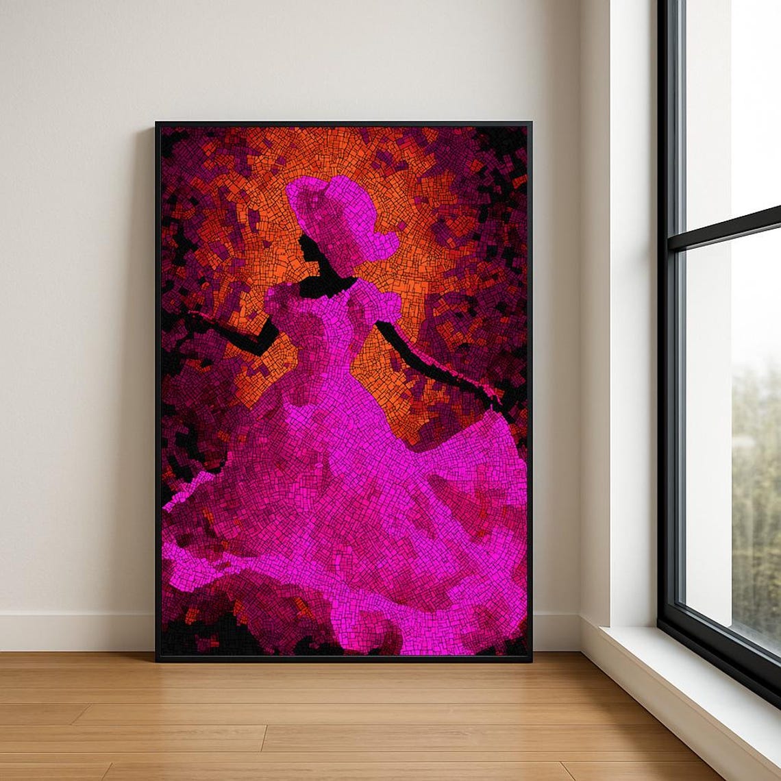 Magenta Dancer Mosaic Silhouette on Fiery Orange Tile Art Poster