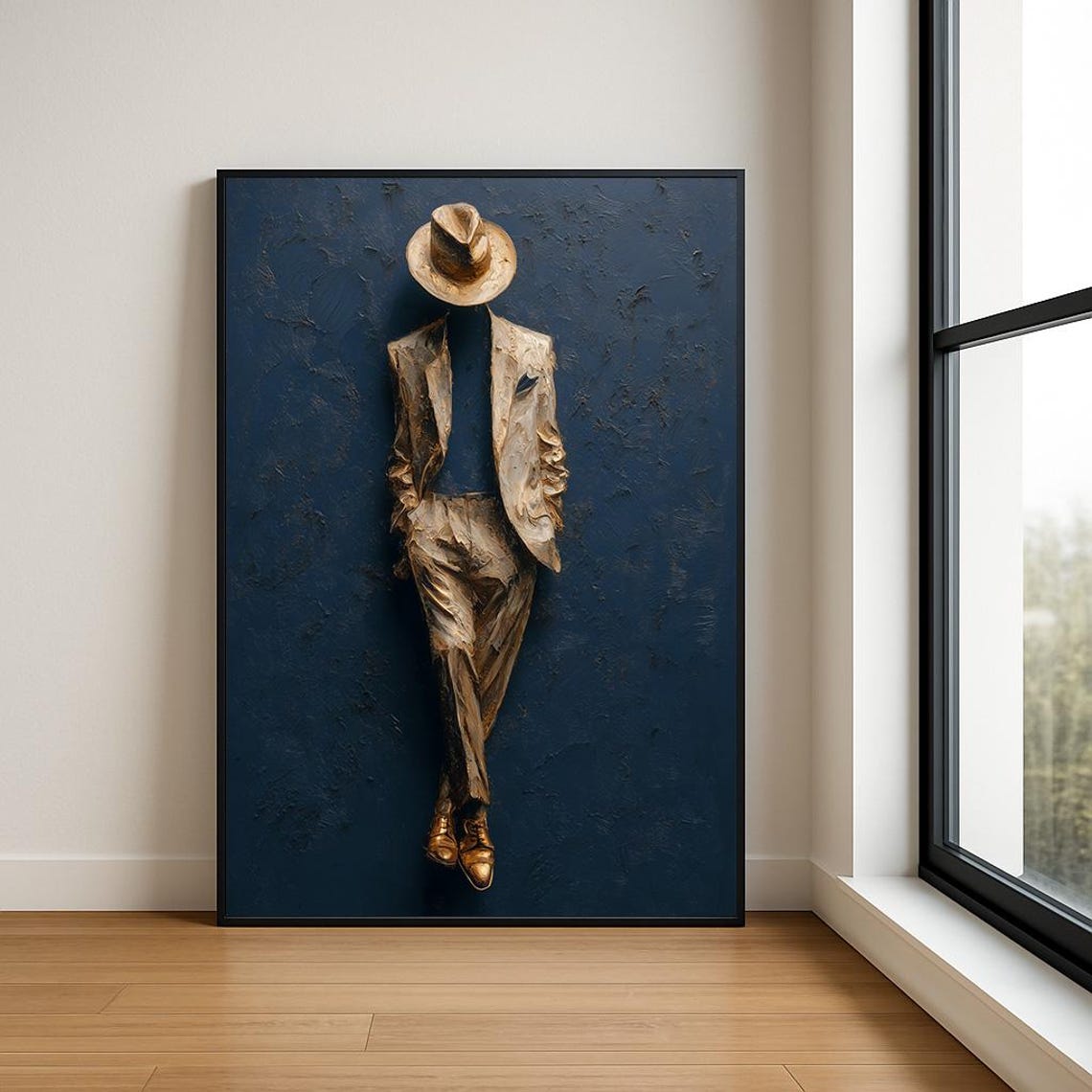 Vintage Gentleman Suit Fedora Navy Background Oil Painting Poster