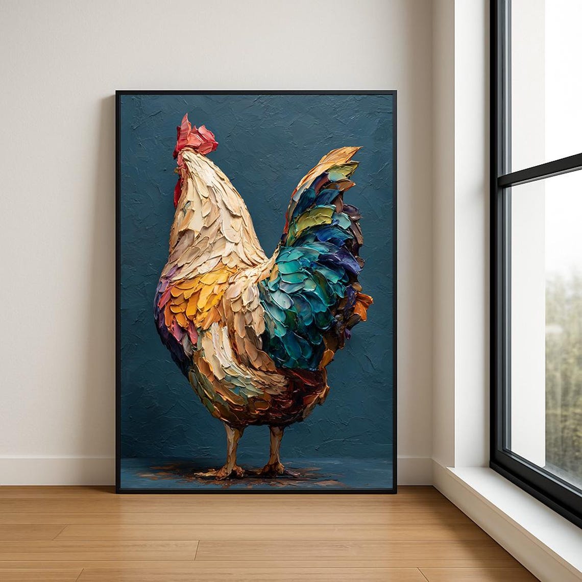 Colorful Rooster from Behind Textured Impasto Palette Knife Poster