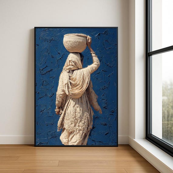 Traditional South Asian Woman Wall Oil Painting Luxury Textured Village Lady Decor