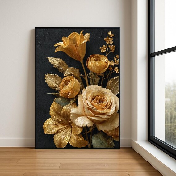 Golden Roses Black Background Luxury Impasto Floral Oil Poster