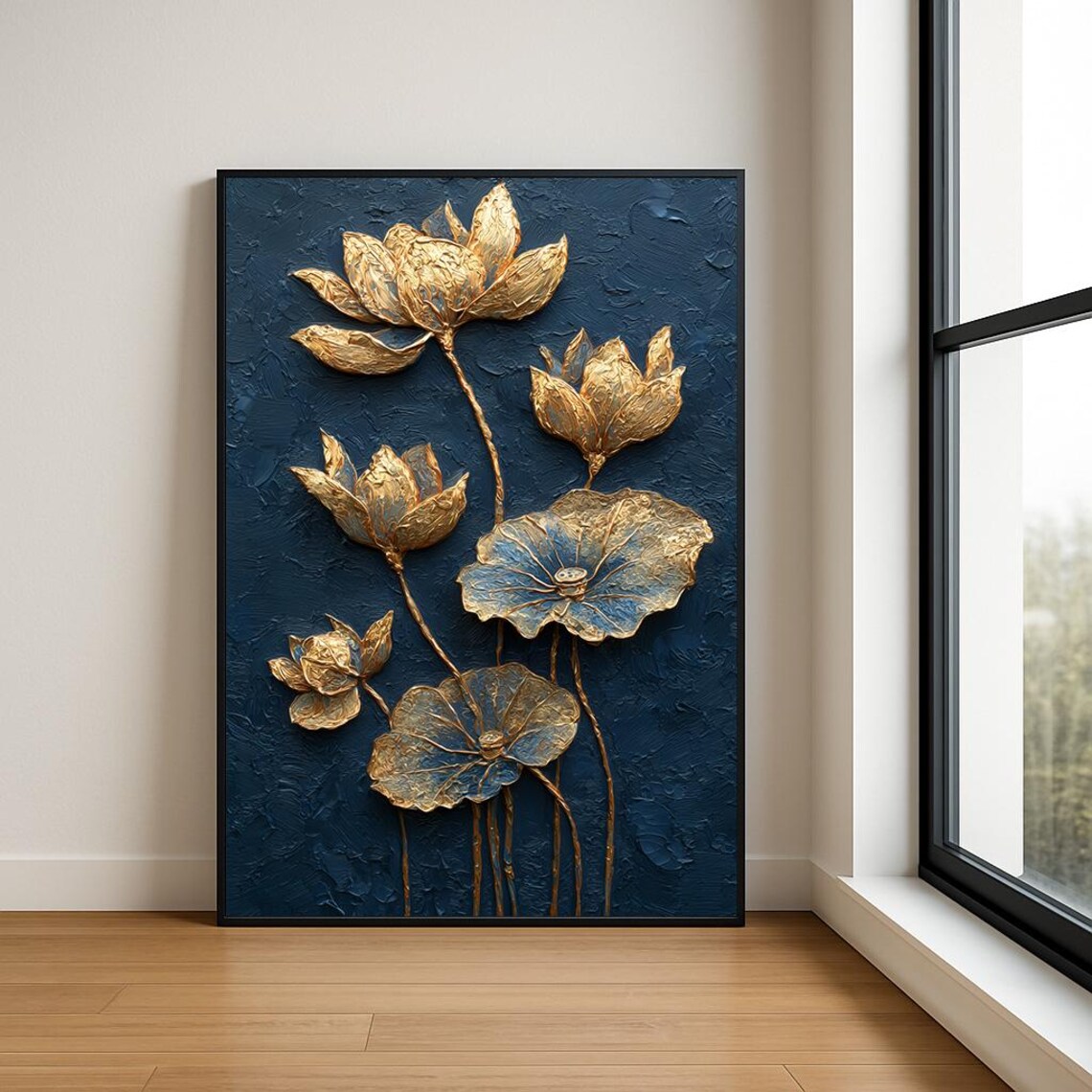 Golden Lotus Flowers Navy Blue Textured 3D Oil Painting Poster
